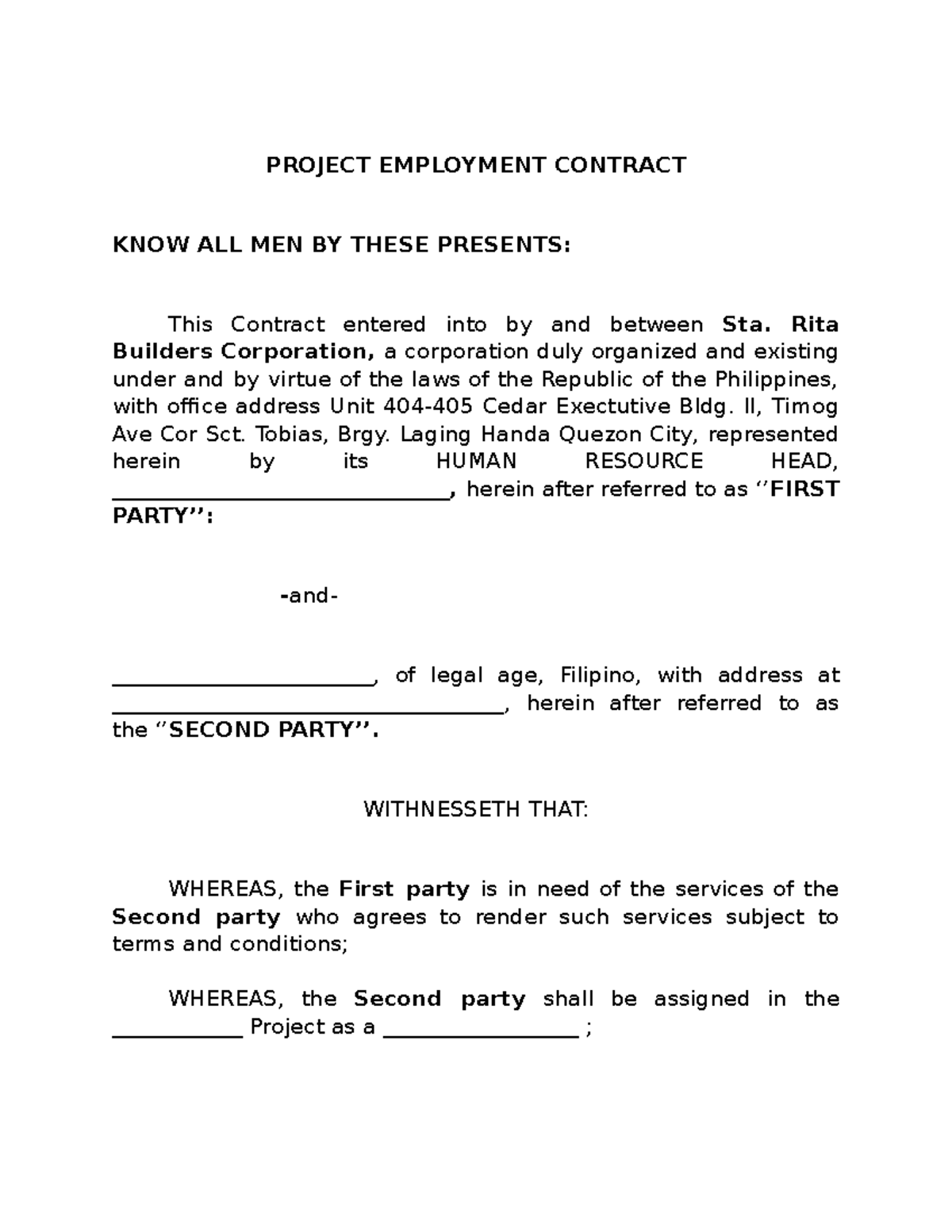 Project Employment Contract Drafted PROJECT EMPLOYMENT CONTRACT KNOW 