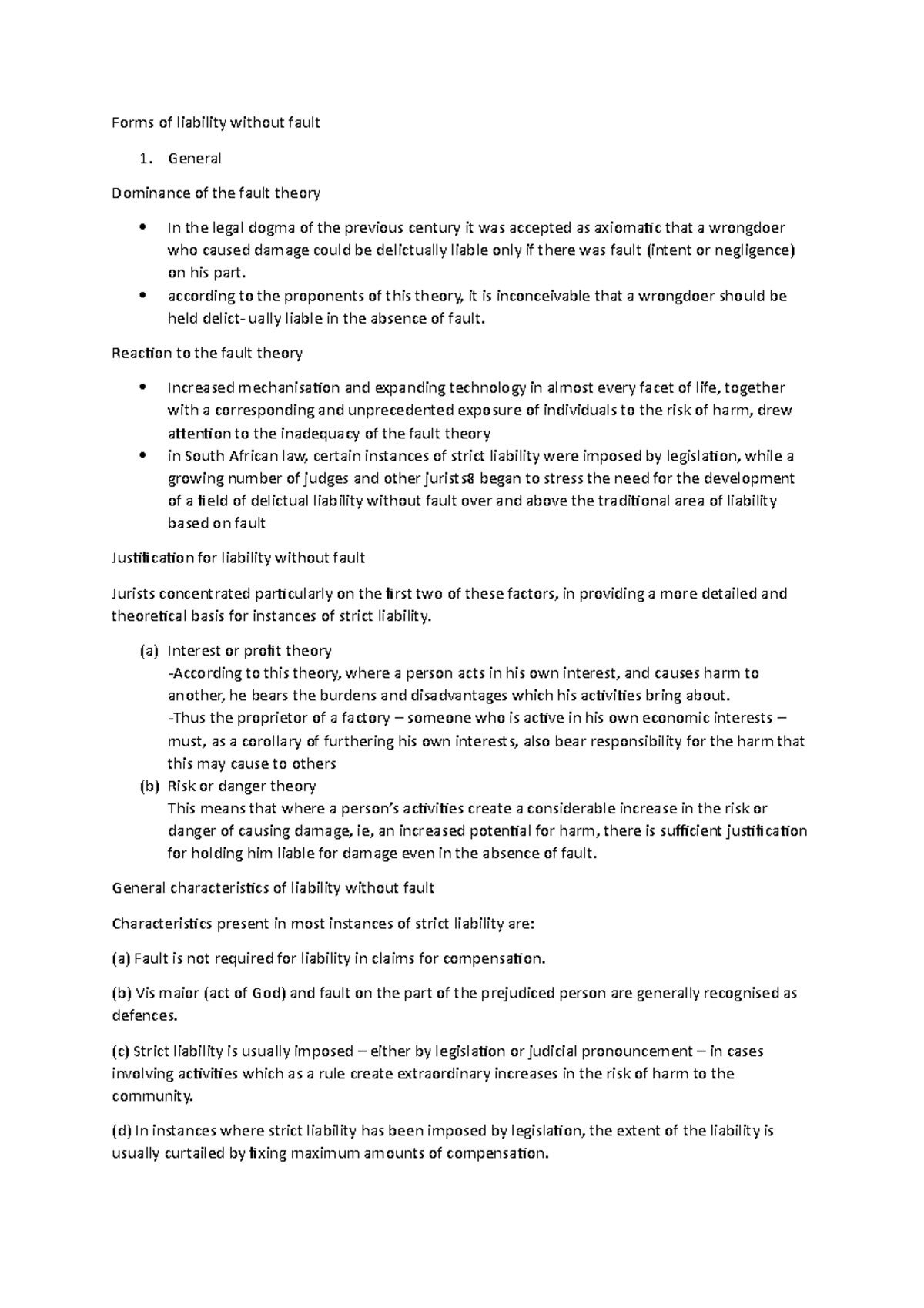 Delict B test notes 2 - Forms of liability without fault General ...