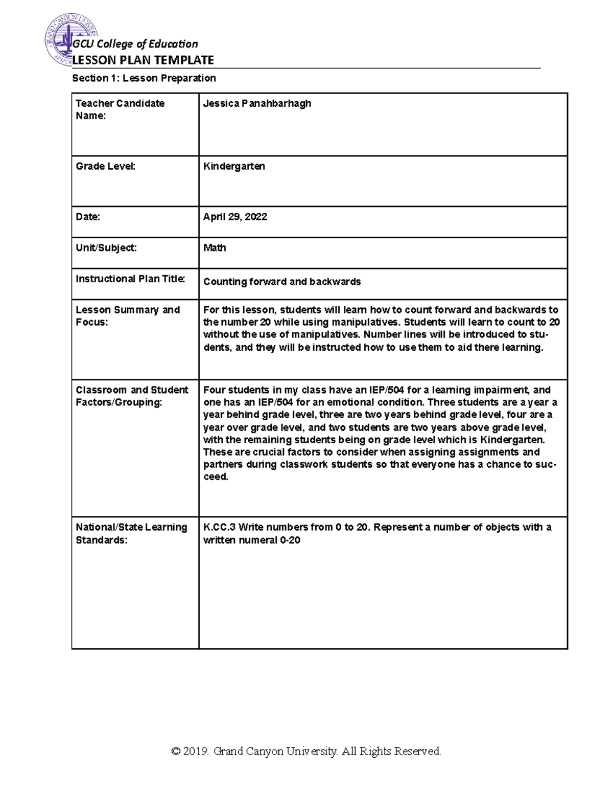 ELM 470 Kindergarten Lesson Plan - LESSON PLAN TEMPLATE Section 1 ...