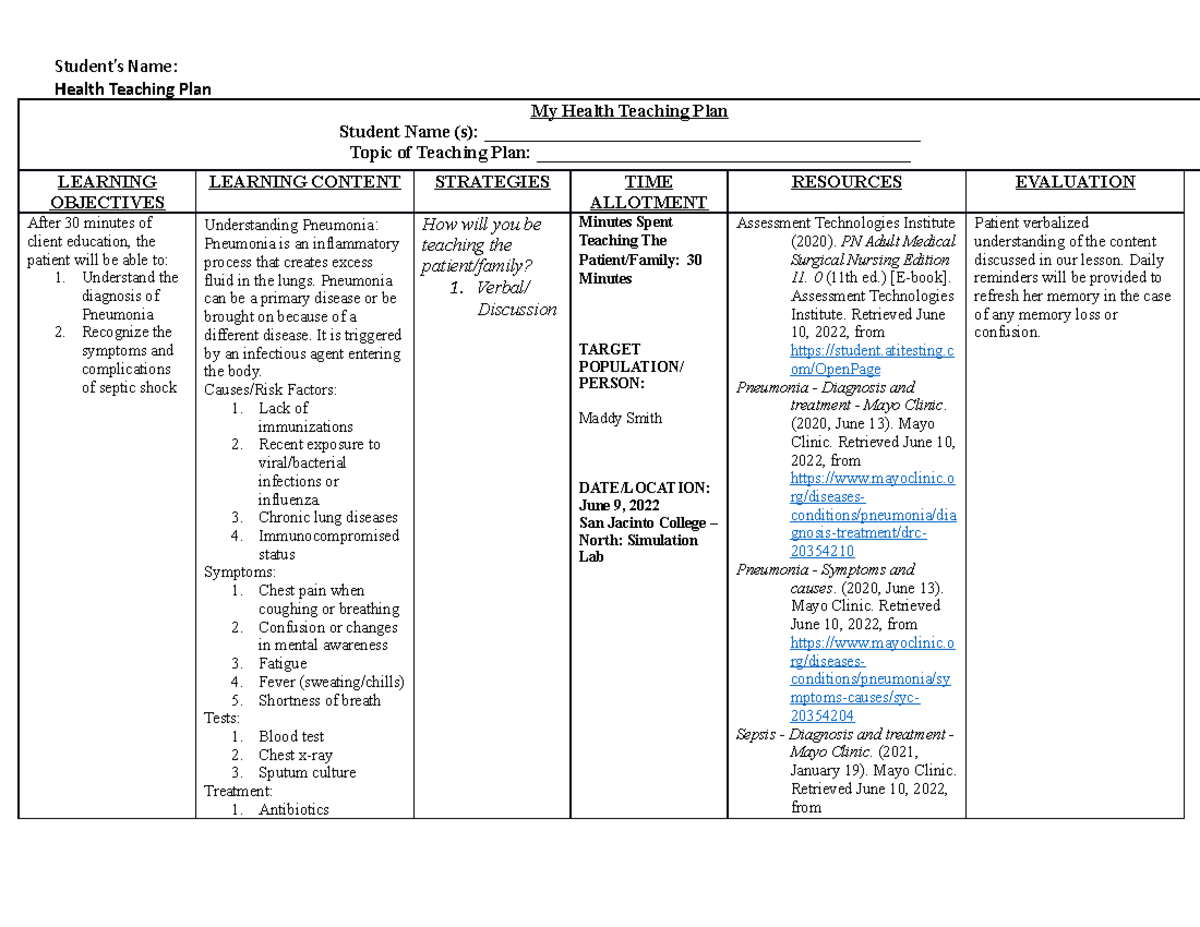 Teaching Plan week 1 - Health Teaching Plan My Health Teaching Plan ...