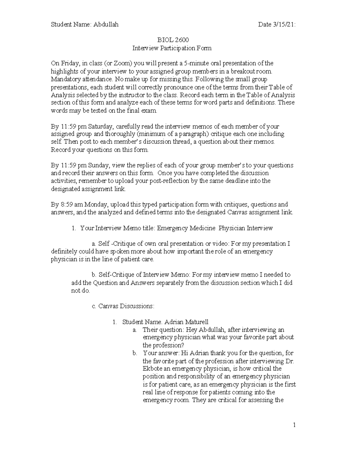 Student Participation Form - Biol 2600 Interview Participation Form On 