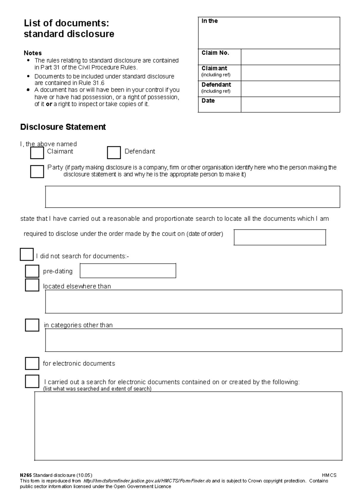 N265 Form - hjdjcmk njcnkcm ncjmc - List of documents: standard ...