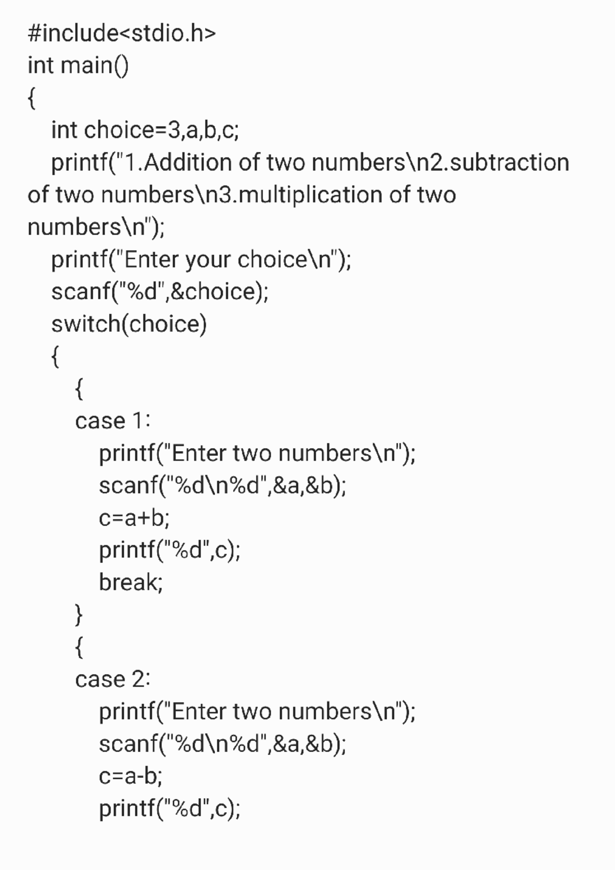Menudriven C program for add,sub,mul - Bsc (computer science) - int ...