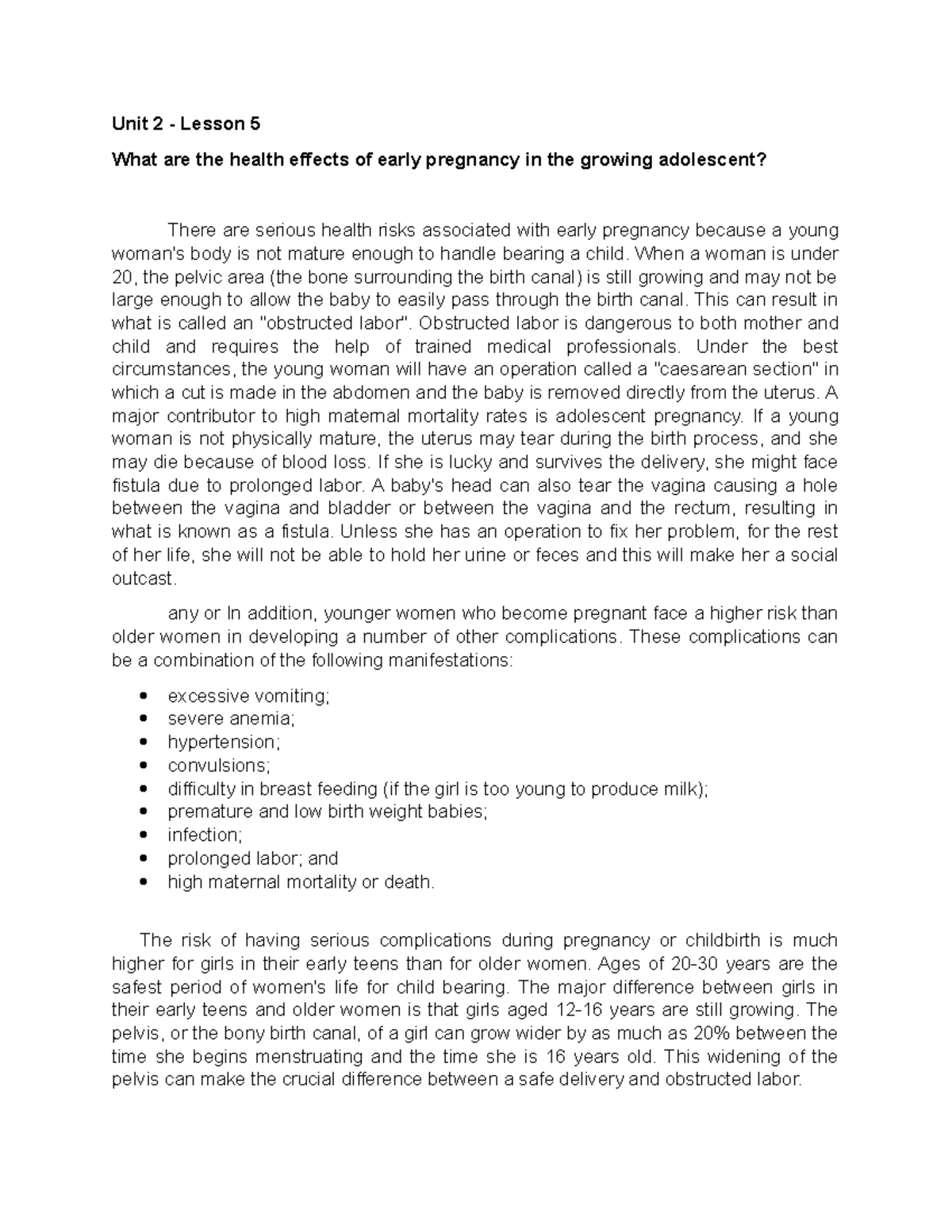 What Are The Health Effects Of Early Pregnancy In The Growing Adolescent Unit 2 Lesson 5