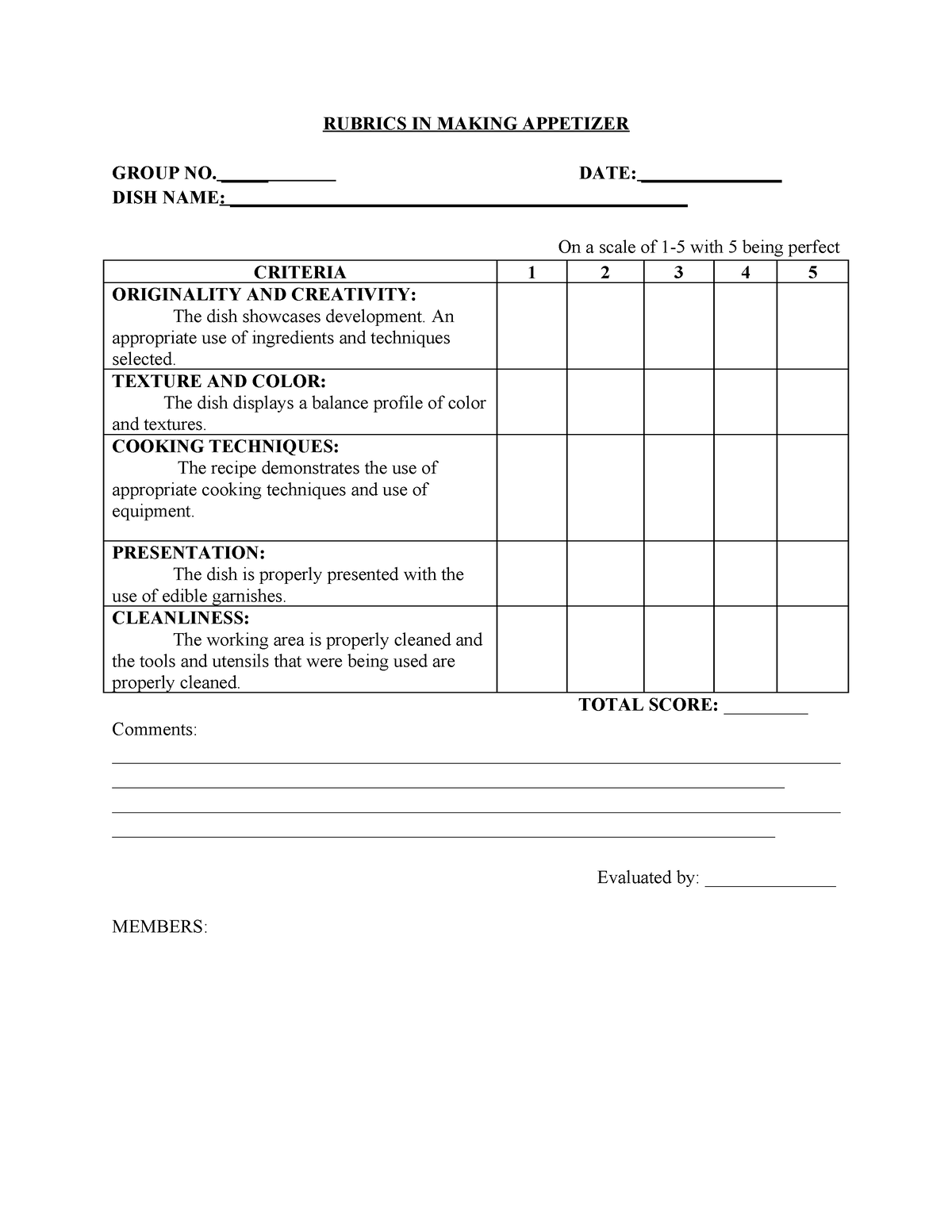 Rubrics IN Making Appetizers - RUBRICS IN MAKING APPETIZER GROUP NO ...