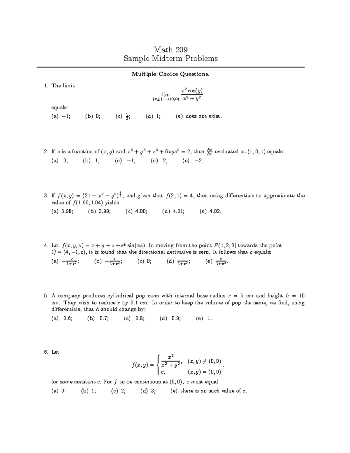 Math 209 Sample Midterm Problems - Math 209 Sample Midterm Problems ...