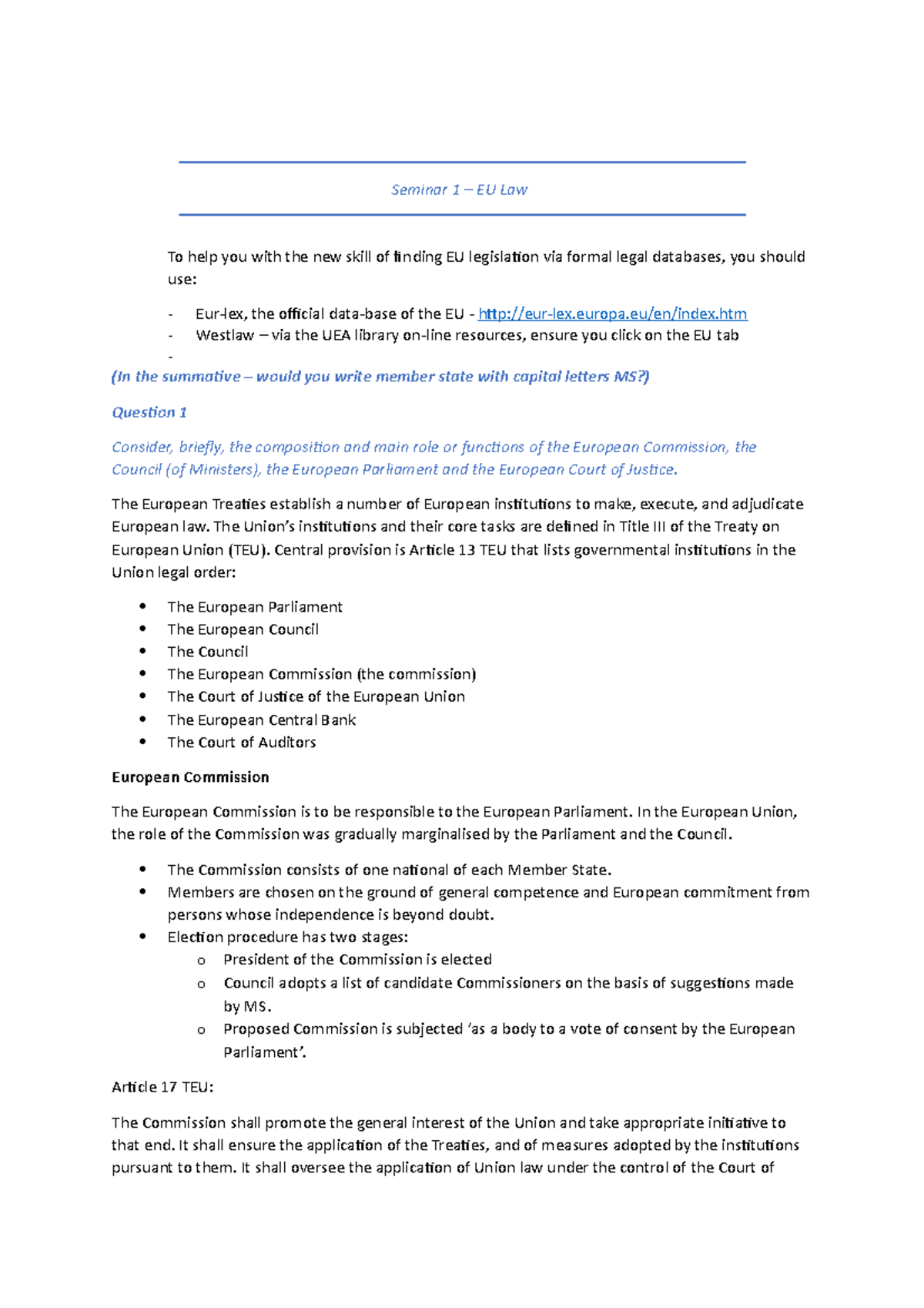Seminar 1 - Notes - Seminar 1 – EU Law To help you with the new skill ...