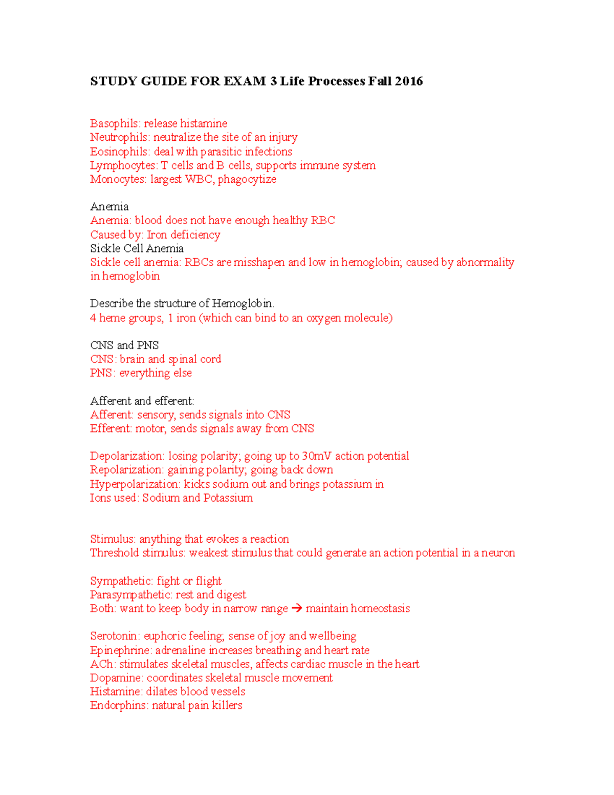 Exam 3 Study Guide - STUDY GUIDE FOR EXAM 3 Life Processes Fall 2016 ...