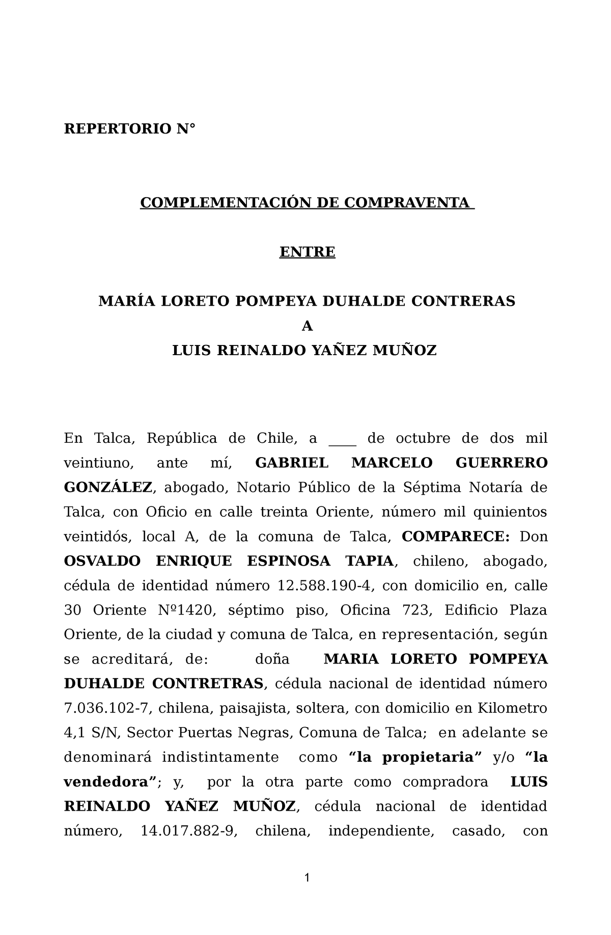 Escritura Rectificatoria Loreto Duhalde - REPERTORIO N° COMPLEMENTACIÓN DE  COMPRAVENTA ENTRE MARÍA - Studocu
