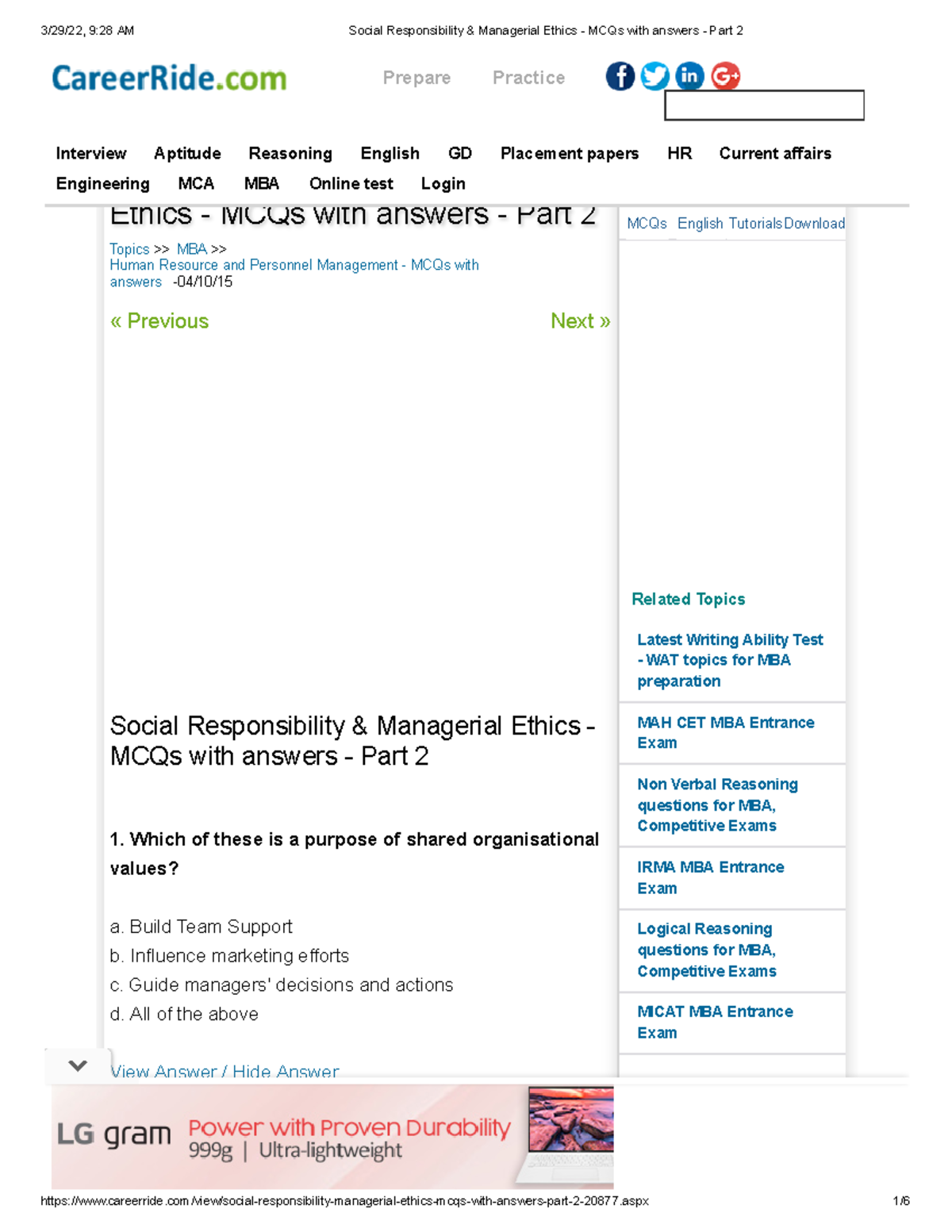 Social Responsibility & Managerial Ethics - MCQs With Answers - Part 2 ...