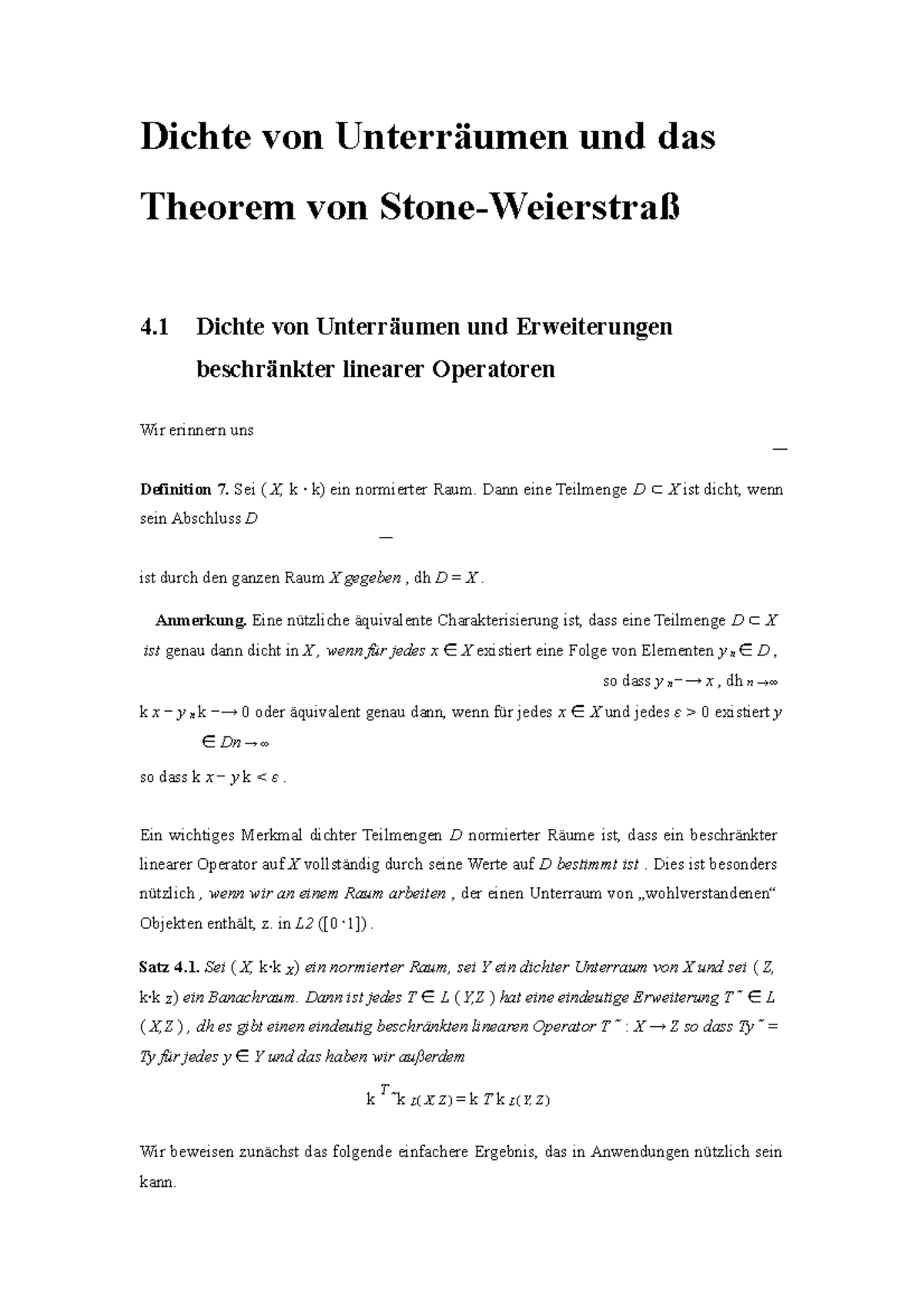 Analyse 1 - Dichte Von Unterräumen Und Das Theorem Von Stone-Weierstraß ...