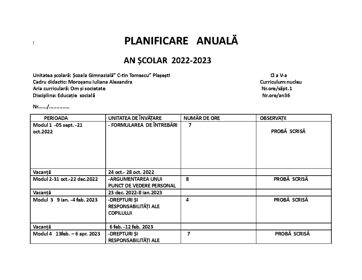 Planificare AnualĂ ȘI CalendaristicĂ Clasa A 5 A ED SocialĂ - I ...