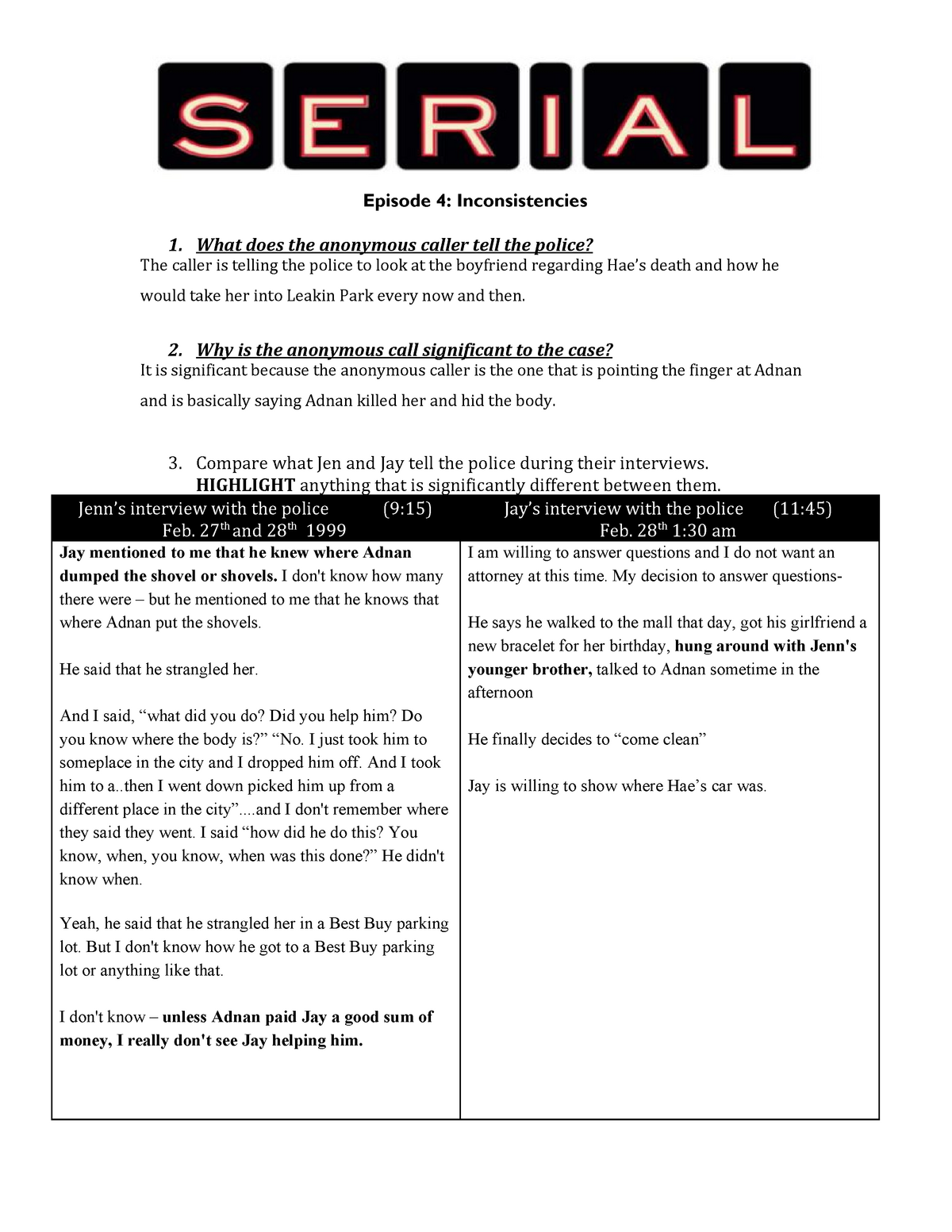 serial podcast episode 4 worksheet answers