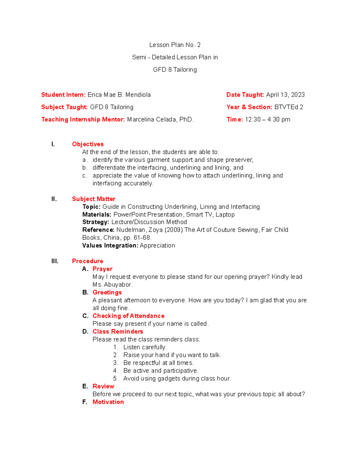 LP 2 - a lesson plan about home economics and livelihoods - Lesson Plan ...