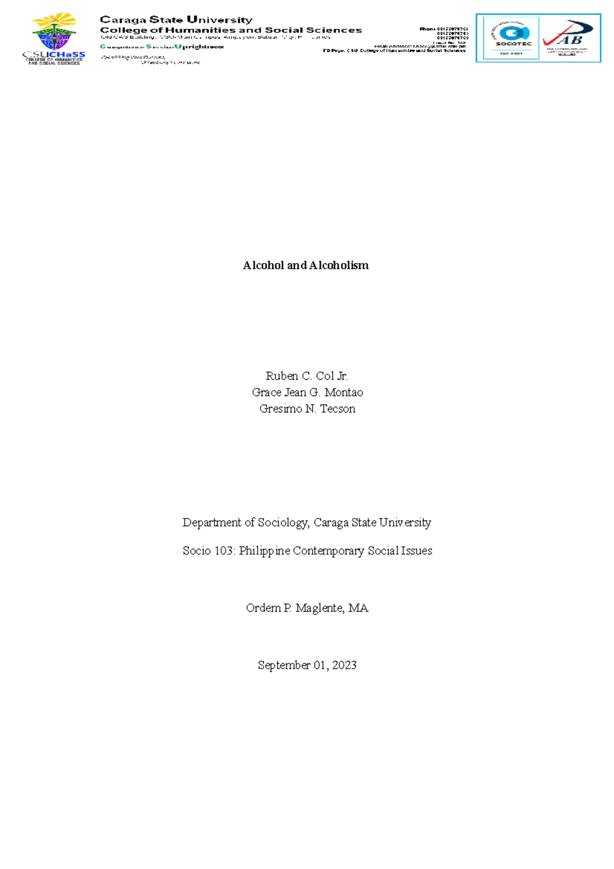 Alcohol and Alcoholism Handouts - Alcohol and Alcoholism Ruben C. Col ...