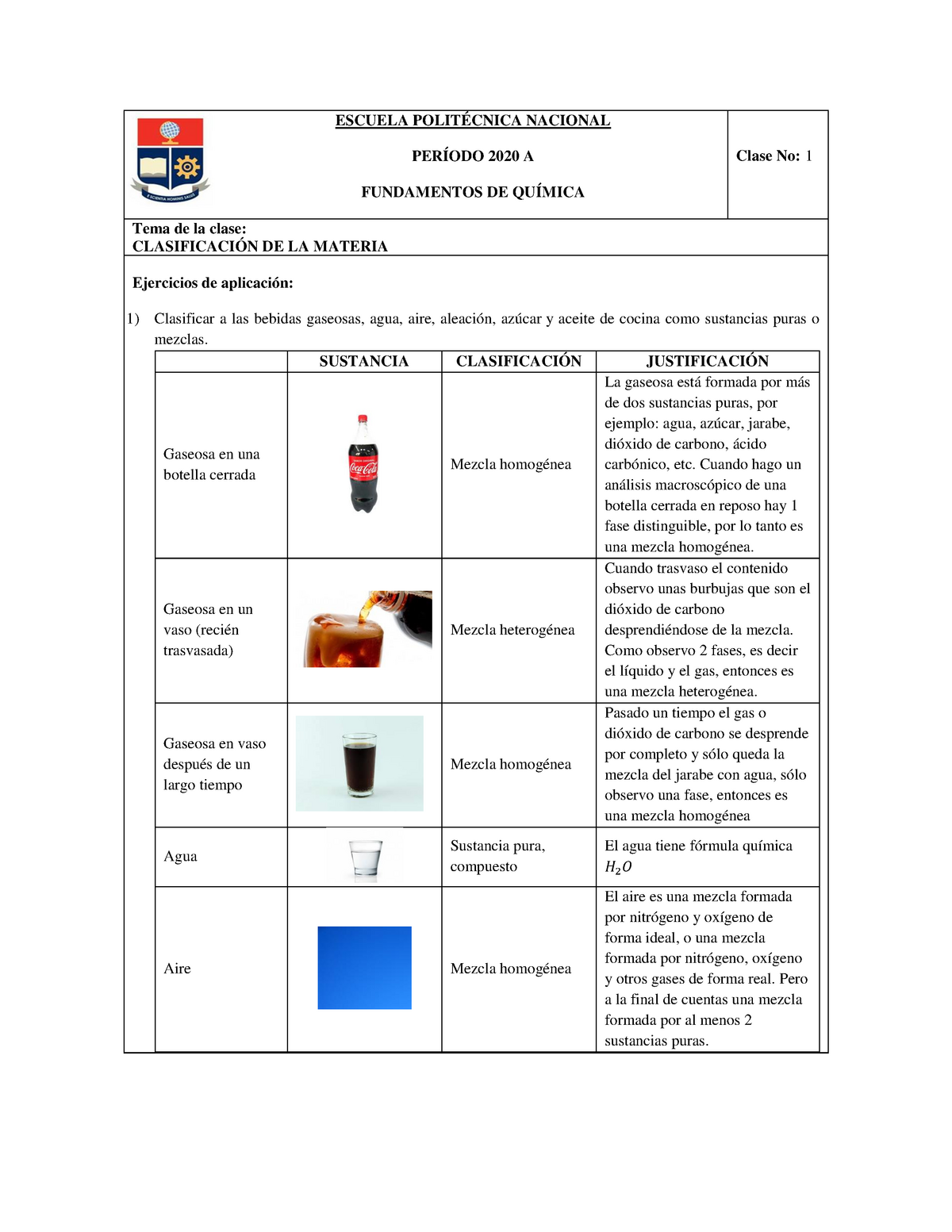 1 Ejercicios resueltos Clasificación de la Materia - ESCUELA POLITÉCNICA  NACIONAL PERÍODO 2020 A - Studocu