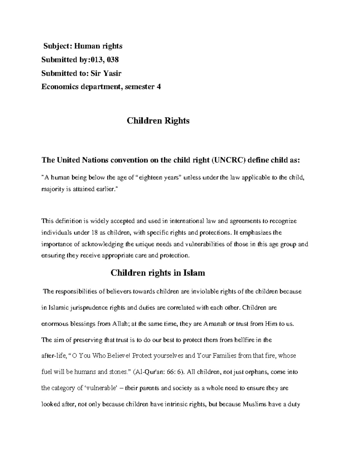 Child rights - Subject: Human rights Submitted by:013, 038 Submitted to ...