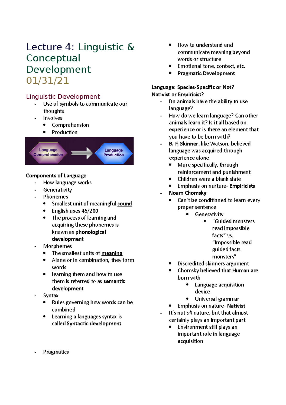 Lecture 4 - Lecture 4: Linguistic & Conceptual Development 01/31 ...