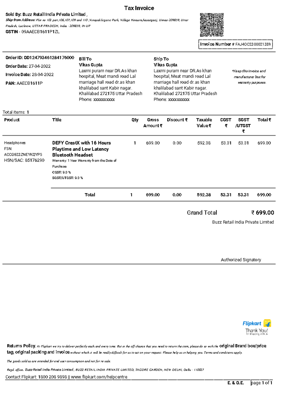 OD124793461284176000 - E. & O. page 1 of 1 *Keep this invoice and ...
