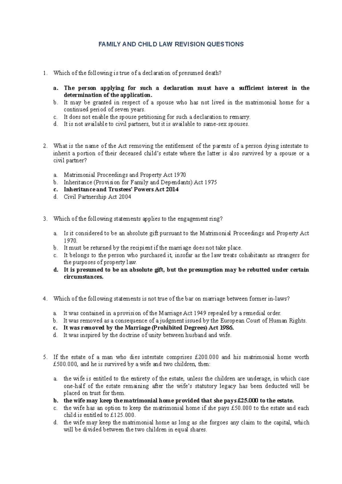 Sample/practice exam 15 January 2019, questions and answers FAMILY