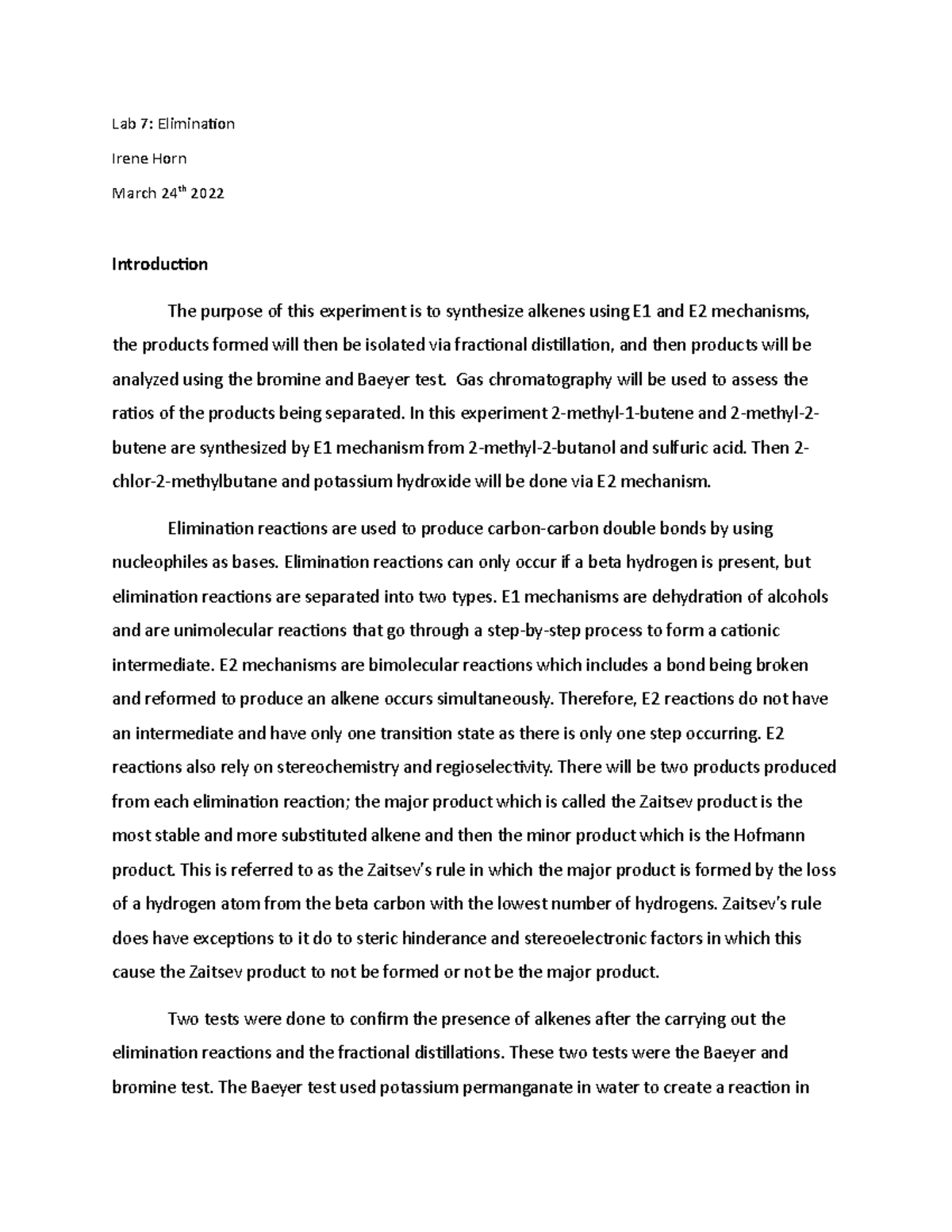 Lab Report 7: Preparation of Alkenes by Elimination - Lab 7 ...