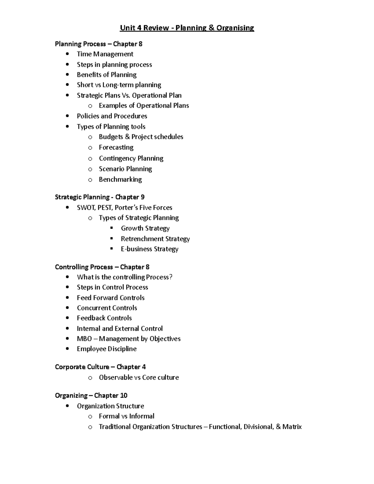 Unit 4 review notes - Unit 4 Review - Planning & Organising Planning ...