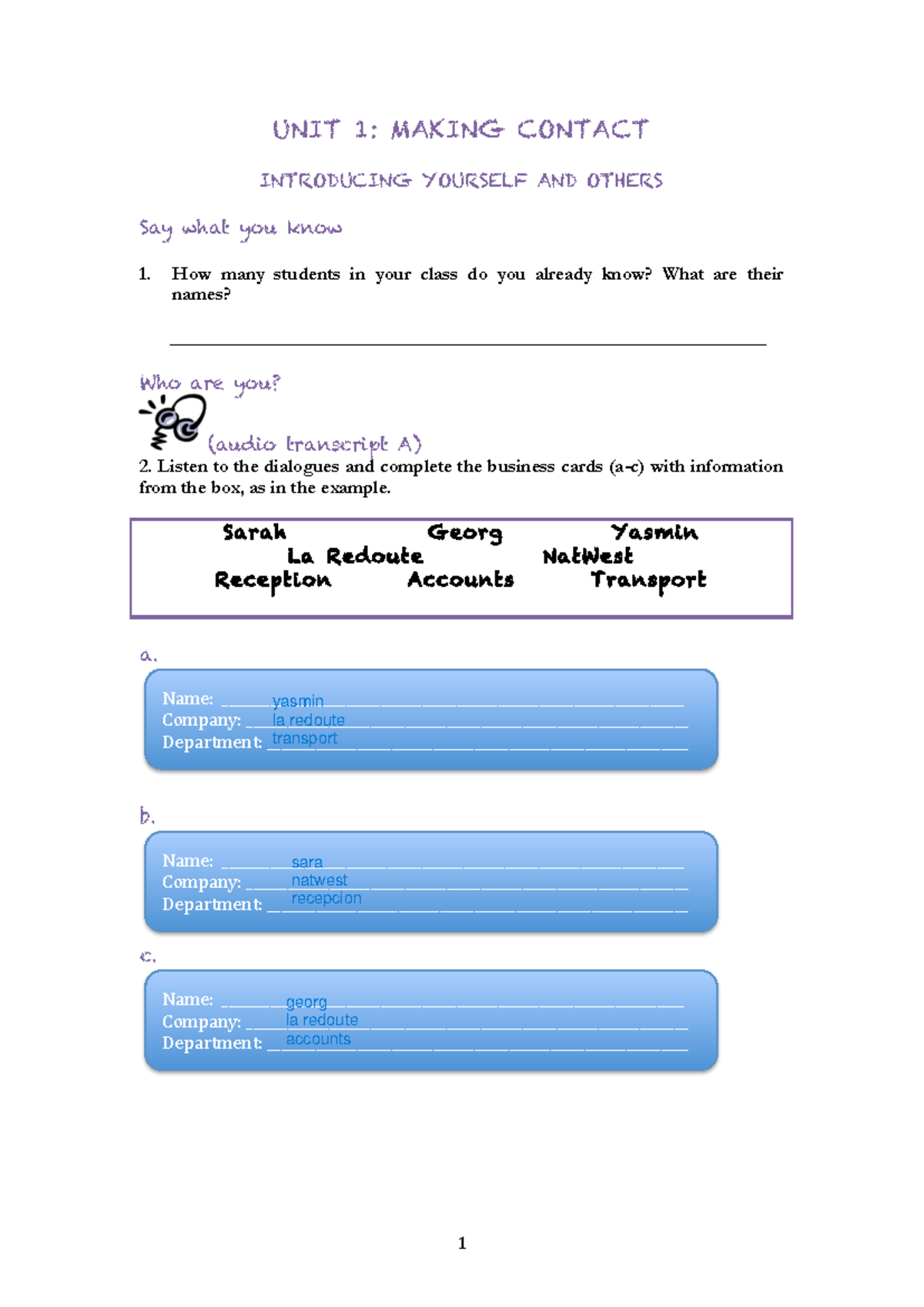 Unit 1. Final. Making contact - UNIT 1: MAKING CONTACT INTRODUCING ...