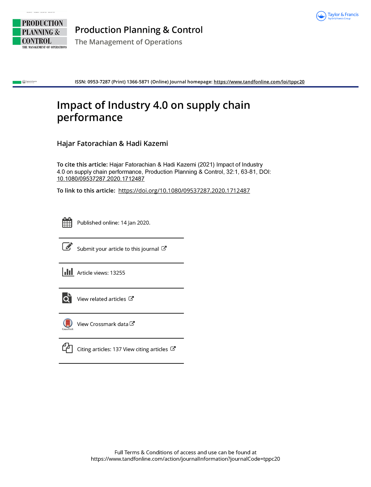 Impact Of Industry 4 0 On Supply Chain Performance - 1080/09537287. To ...