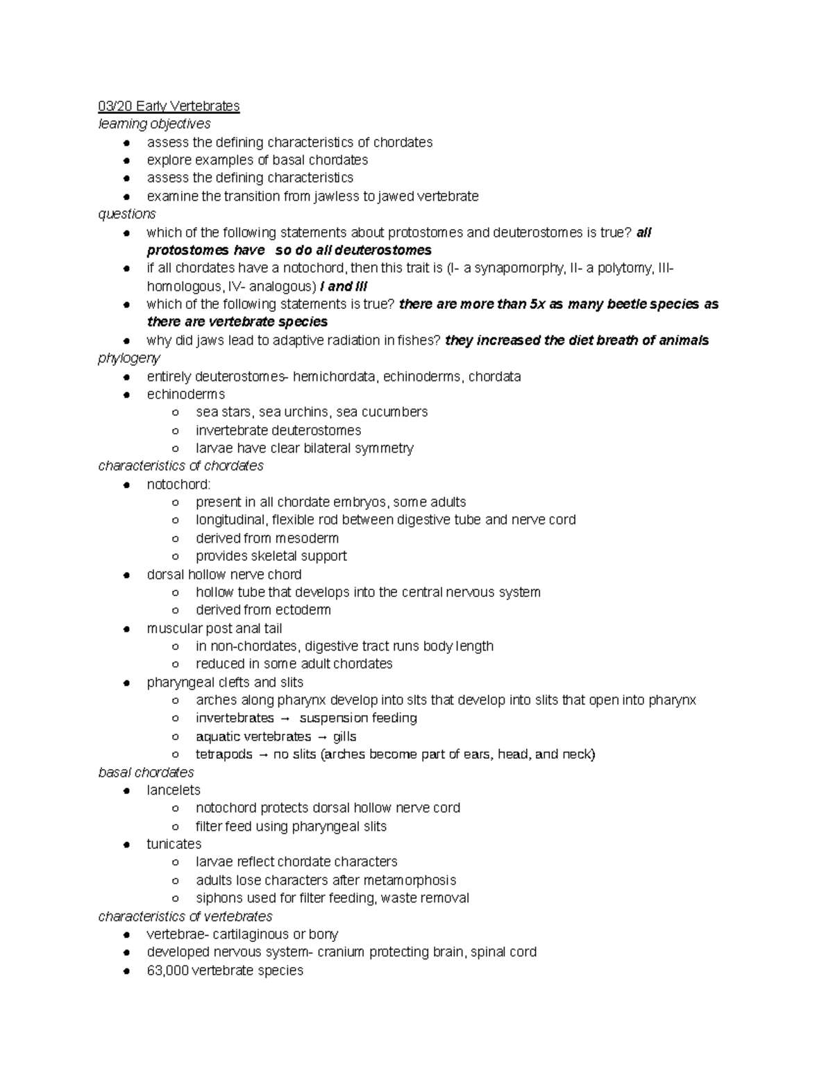 Bio 2200 Pt 3 - Prof. Mansen - 03 20 Early Vertebrates Learning 