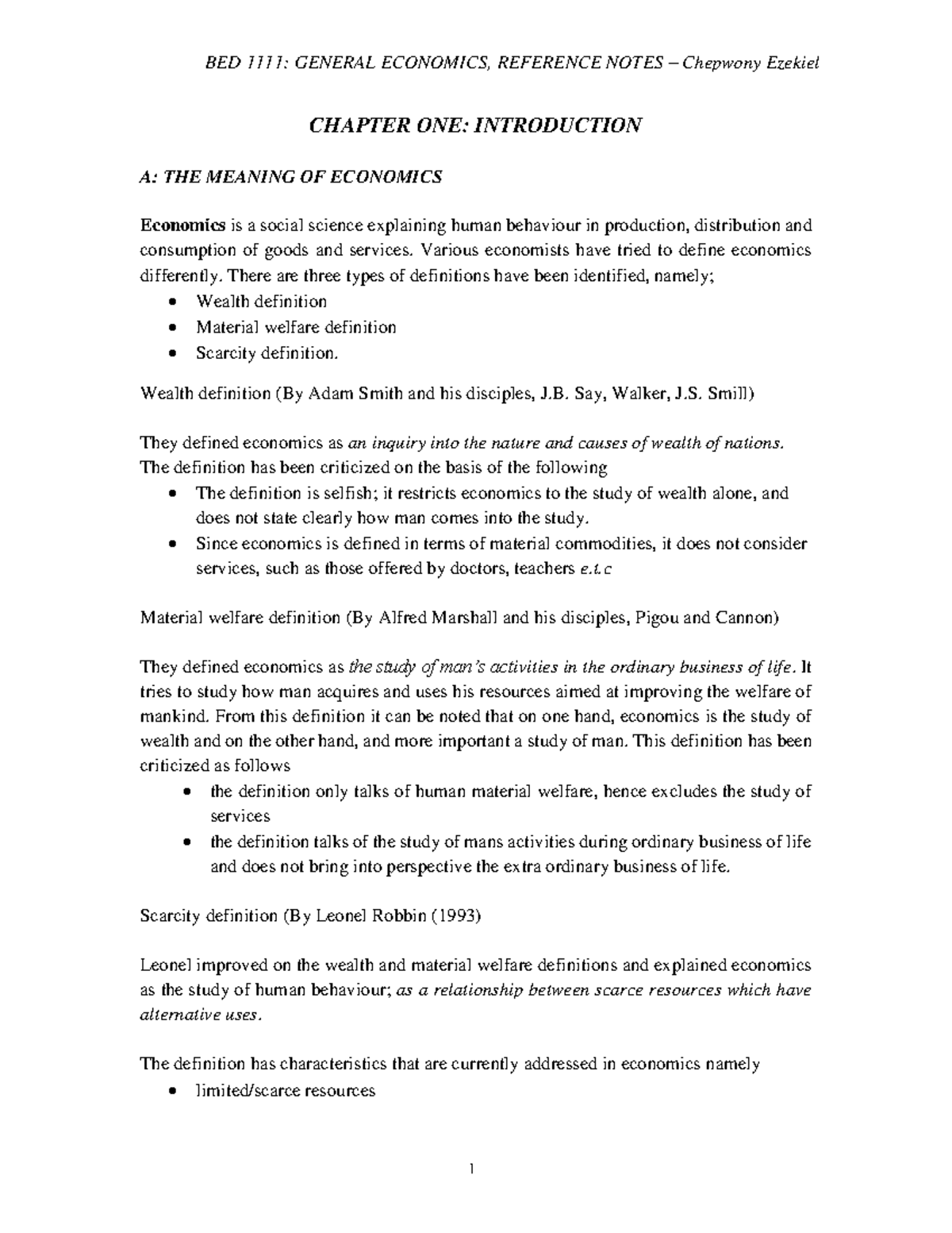 BED 1111 General Economics reference notes -Chepkwony Ezekiel - CHAPTER ...