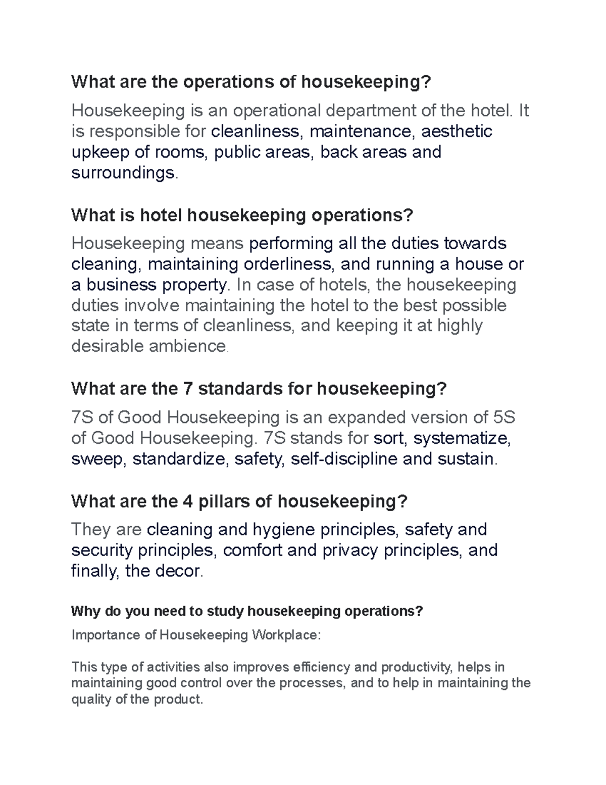 What are the operations of housekeeping What are the operations of