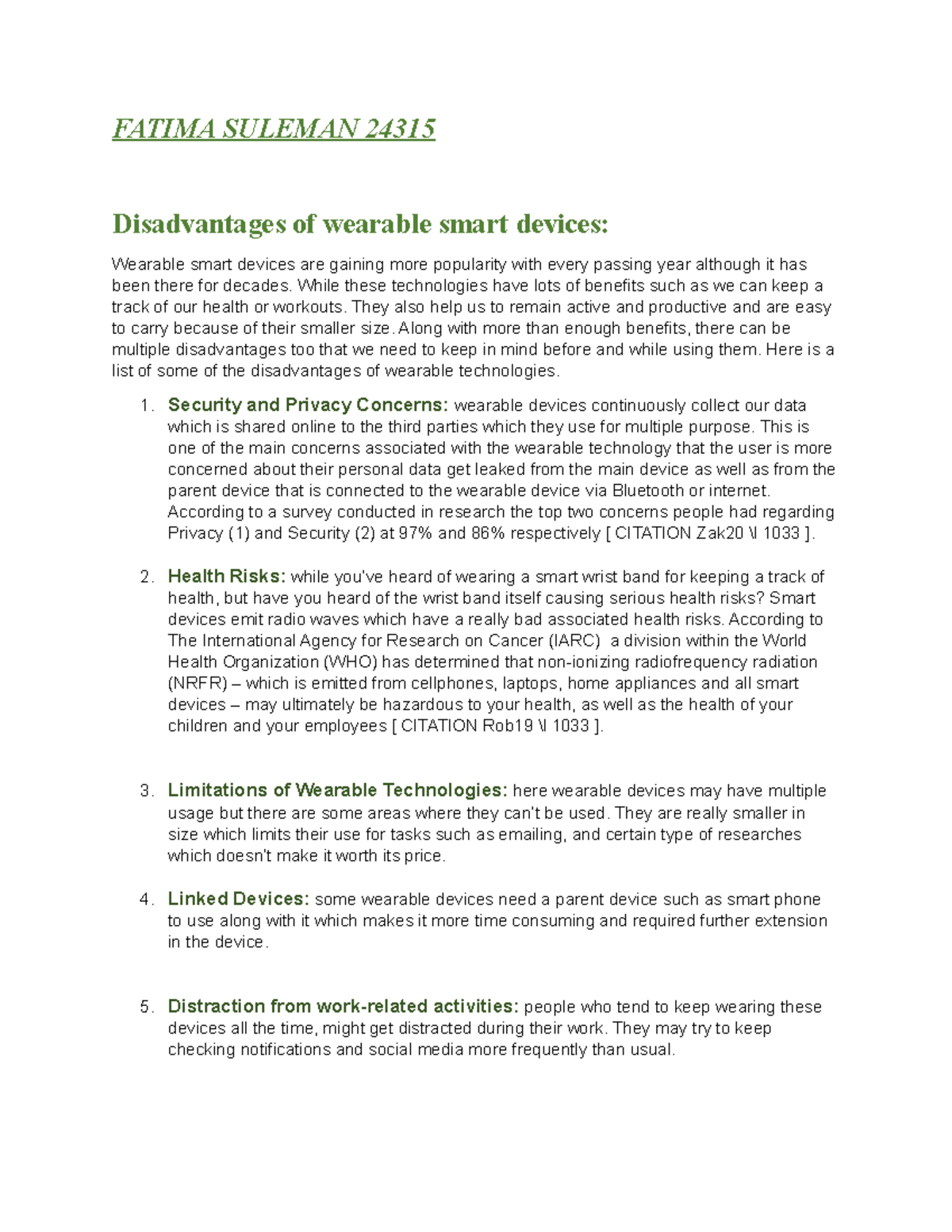 Disadvantages of wearable smart devices FATIMA SULEMAN 24315