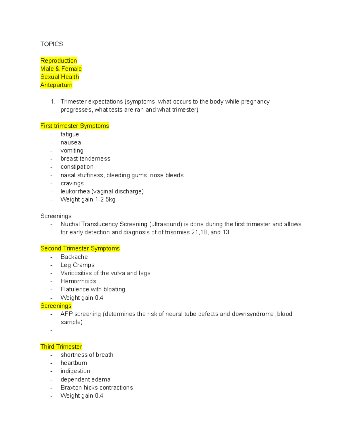 Maternity exam 1 review TOPICS Reproduction Male & Female Sexual