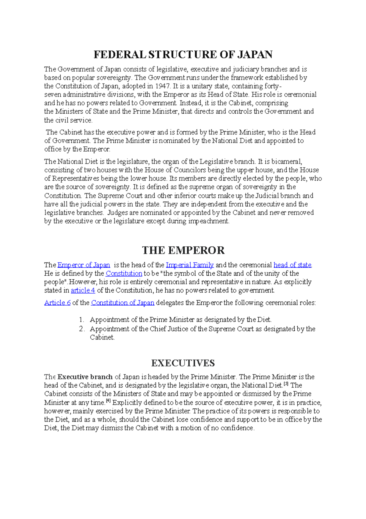 Federal Structure OF Japan FEDERAL STRUCTURE OF JAPAN The Government