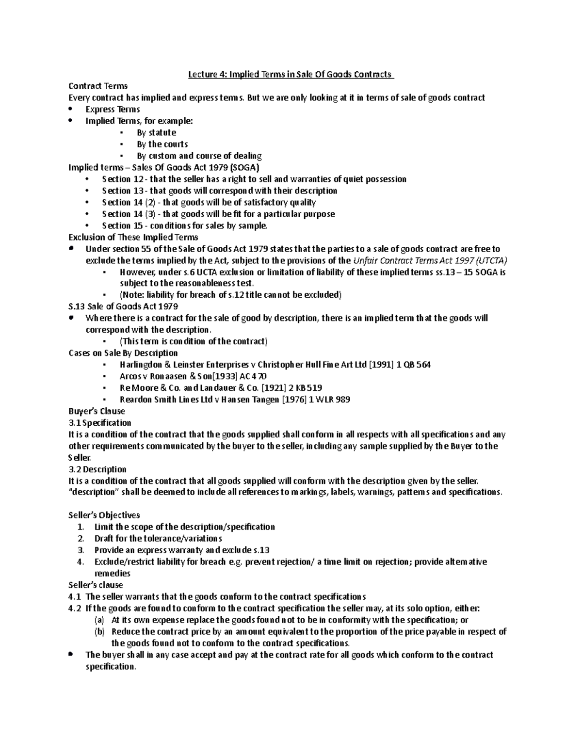 Implied Terms in Sale Of Goods Contracts Lecture 4 Implied Terms in