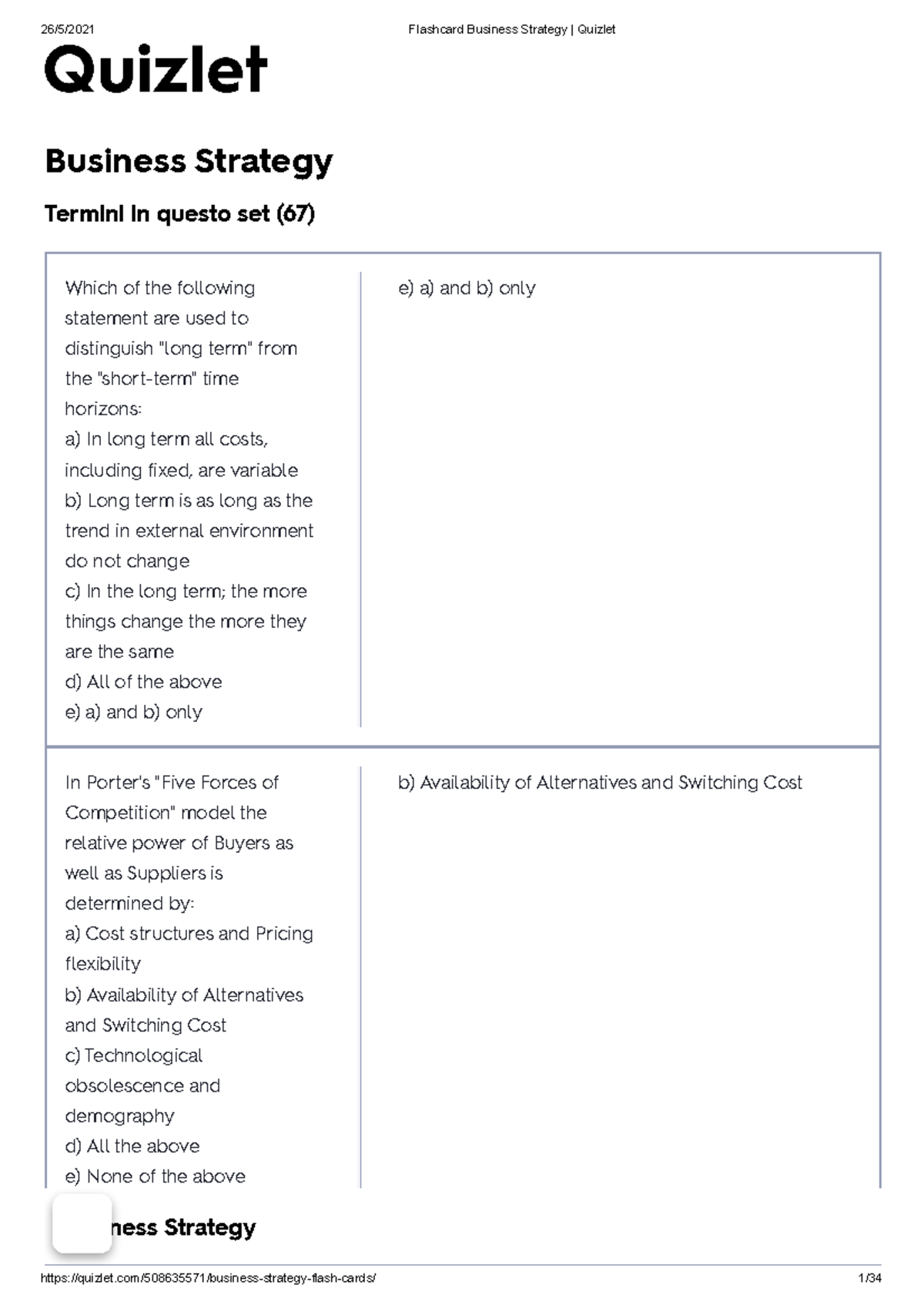 Flashcard Business Strategy Quizlet Business Strategy Termini in