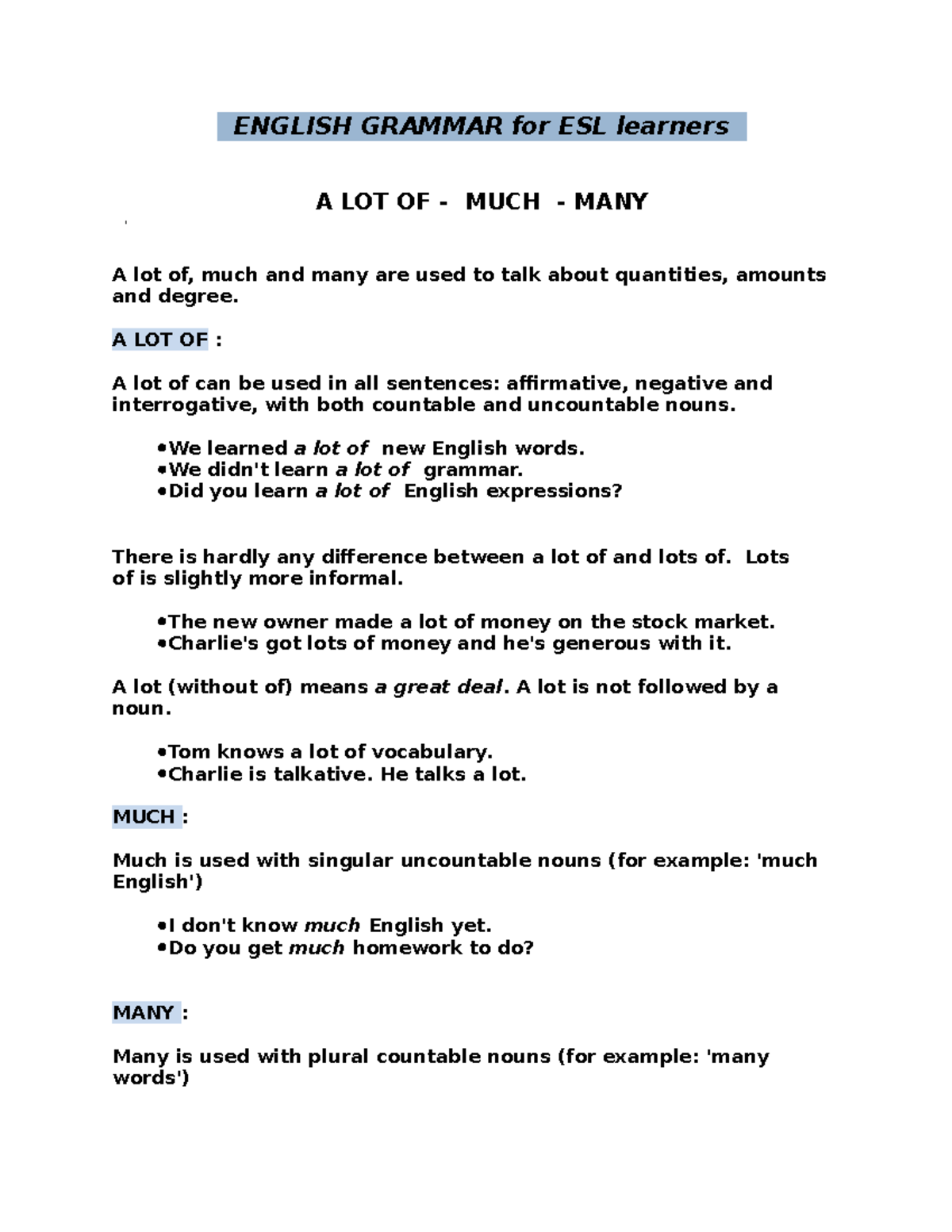 Dupe English 101 - ENGLISH GRAMMAR for ESL learners A LOT OF - MUCH ...