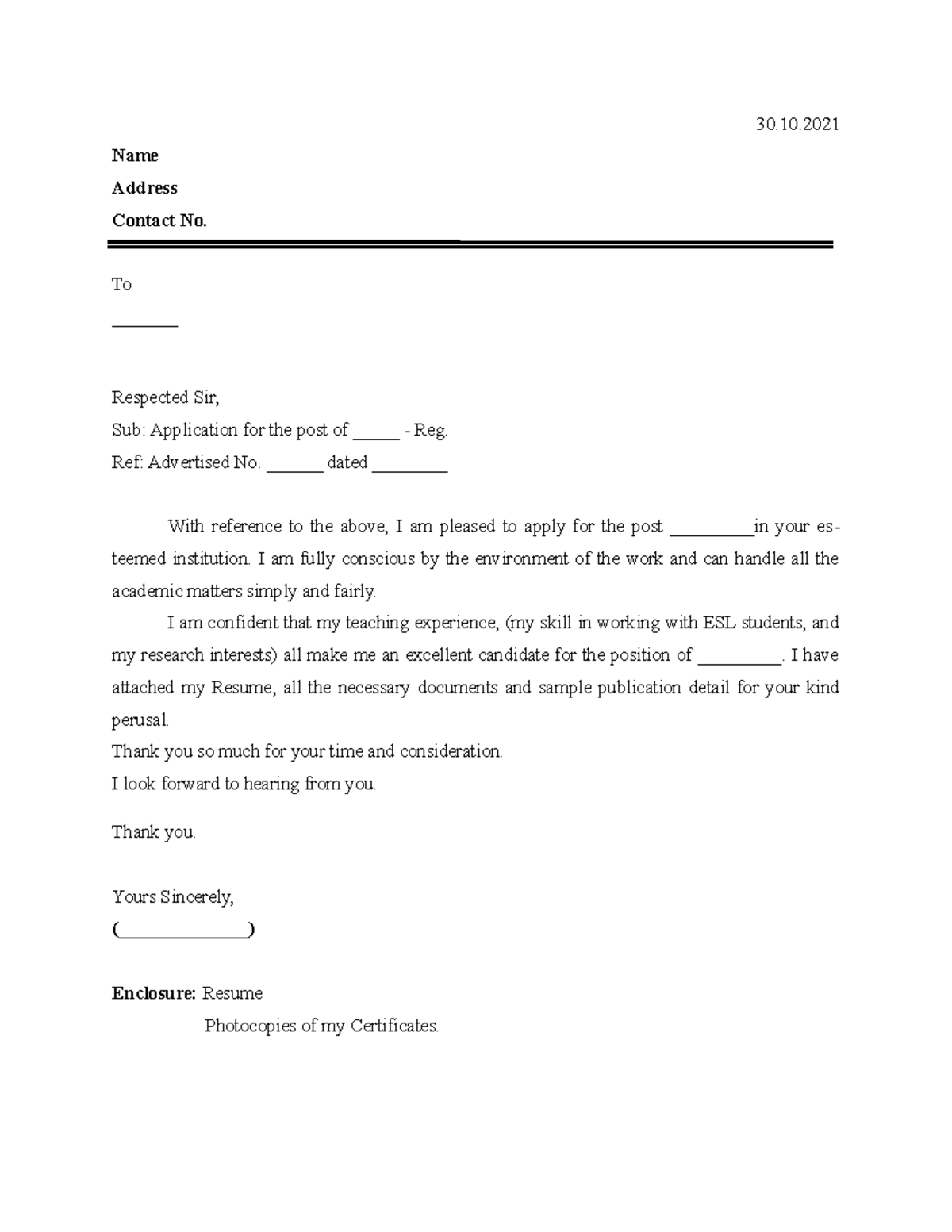 Sample Resume - 30. Name Address Contact No. To Respected Sir, Sub ...