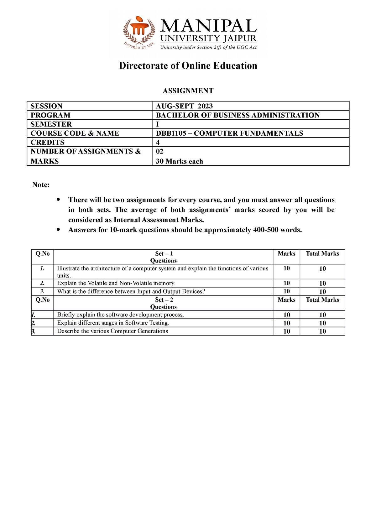 Assignment DBB1105 Set 1 And Set 2 Aug-Sept 2023 - Directorate Of ...