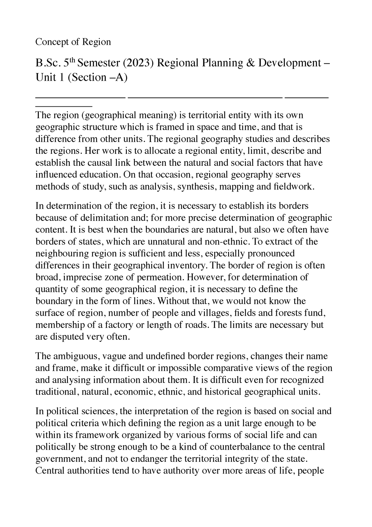 Concept Of A Region - Regional planning and development - AMU - Studocu