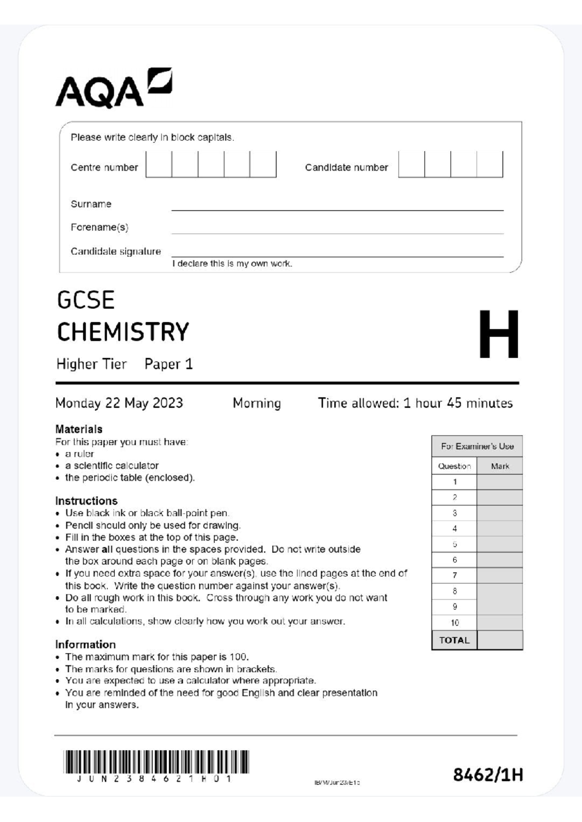 AQA GCSE Triple science Chemistry - AQA Please write clearly in block ...