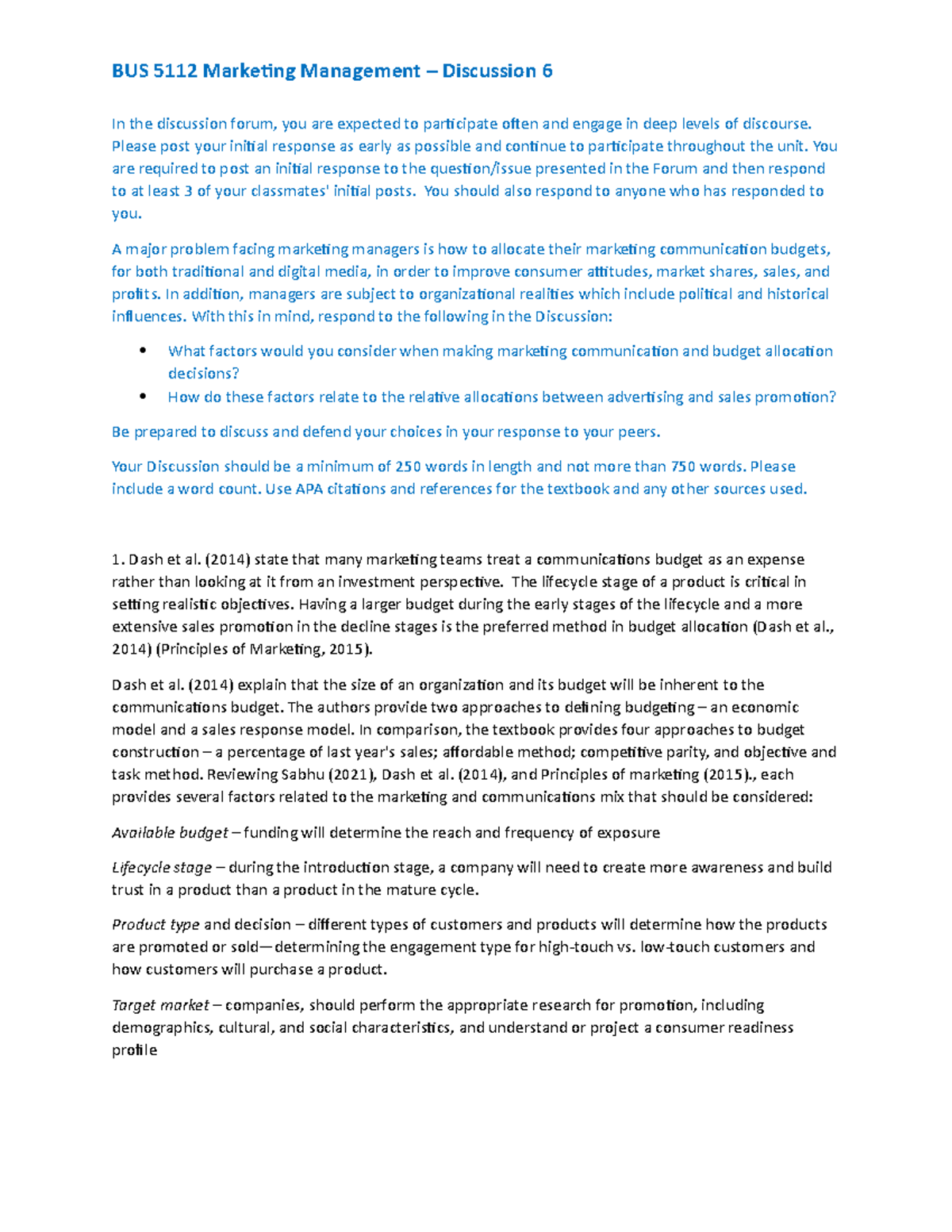 BUS 5112 - Discussion 6 - BUS 5112 Marketing Management – Discussion 6 ...