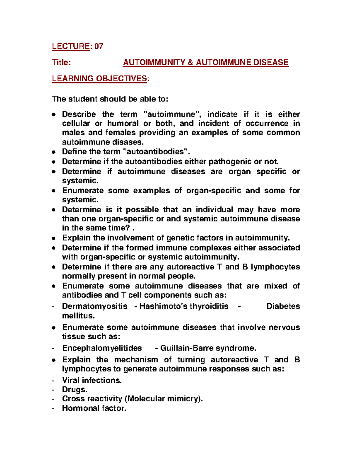 Autoimmunity AND Autoimmune Disease LECTURE 07 Title AUTOIMMUNITY