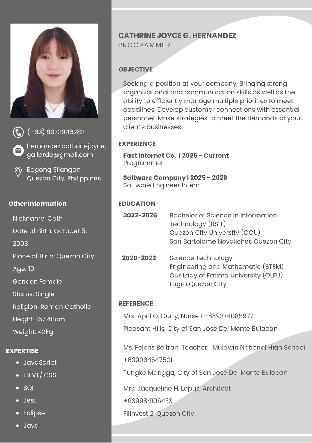 Application Letter Resume - CATHRINE JOYCE G. HERNANDEZ P R O G R A M M ...