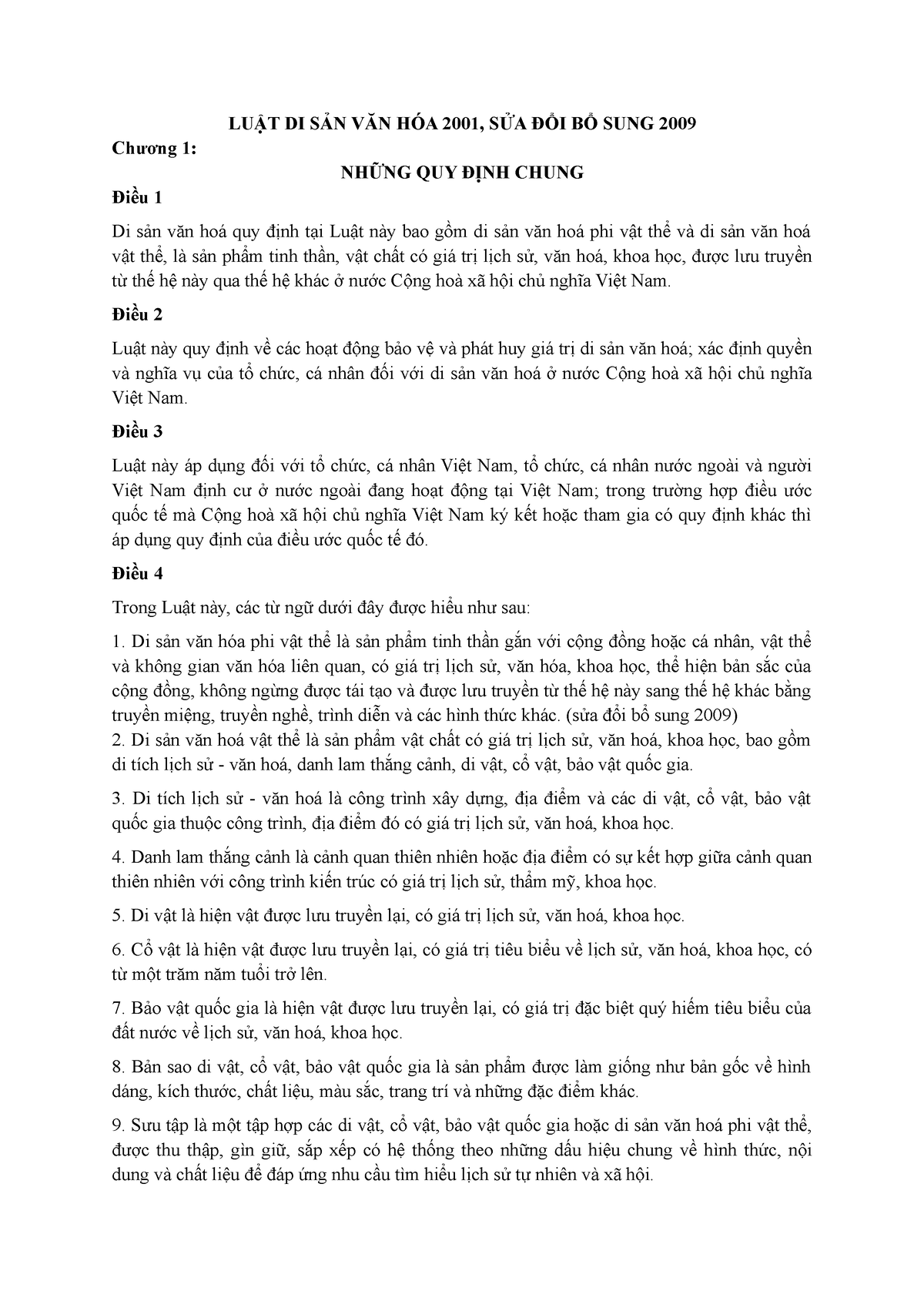 LUẬT DI SẢN VĂN HÓA 2001 - LUẬT DI SẢN VĂN HÓA 2001, SỬA ĐỔI BỔ SUNG 2009 Chương 1: NHỮNG QUY ĐỊNH - Studocu