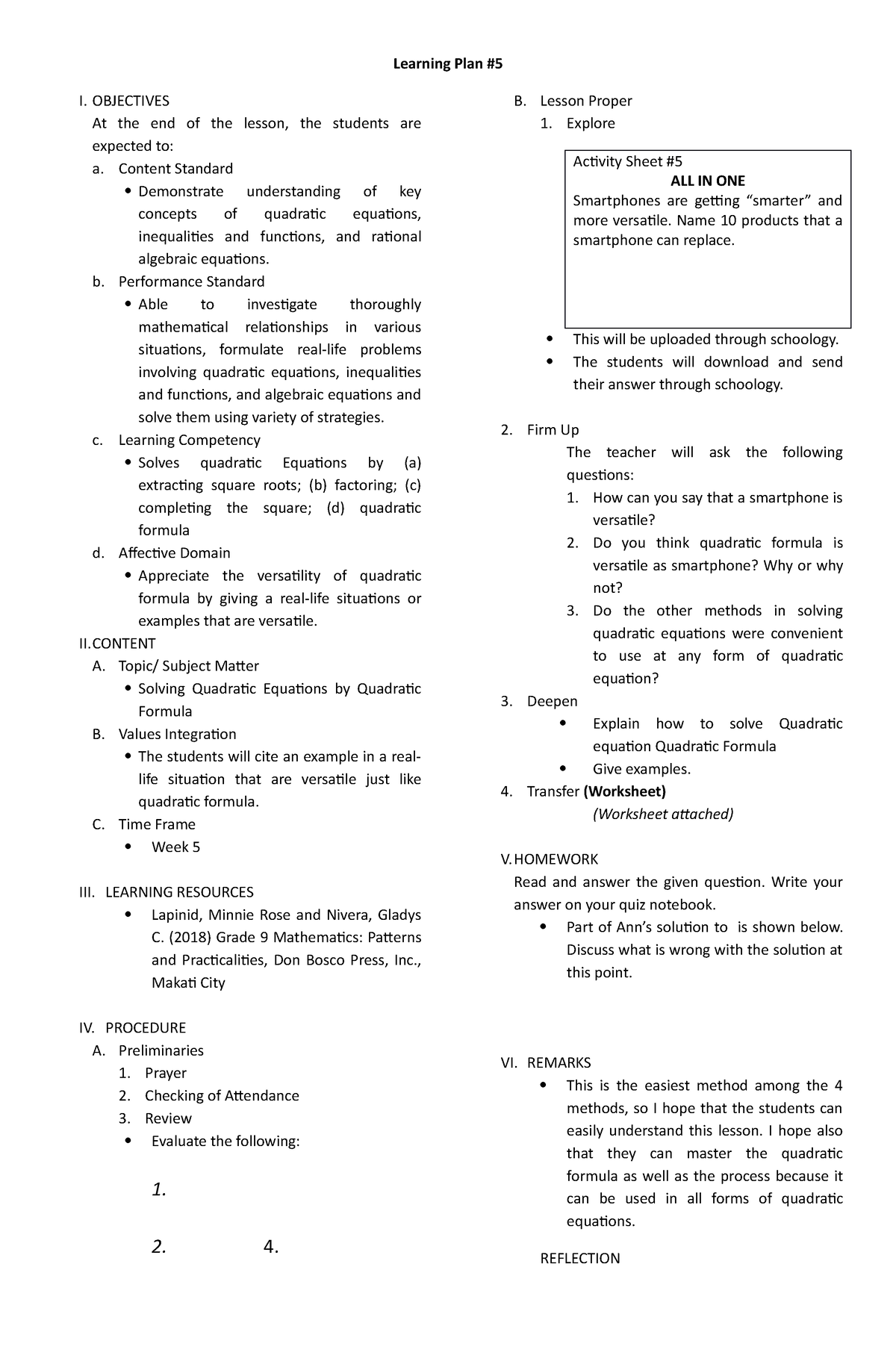 Grade 9 Math Lesson Plan Learning Plan I OBJECTIVES At The End Of 