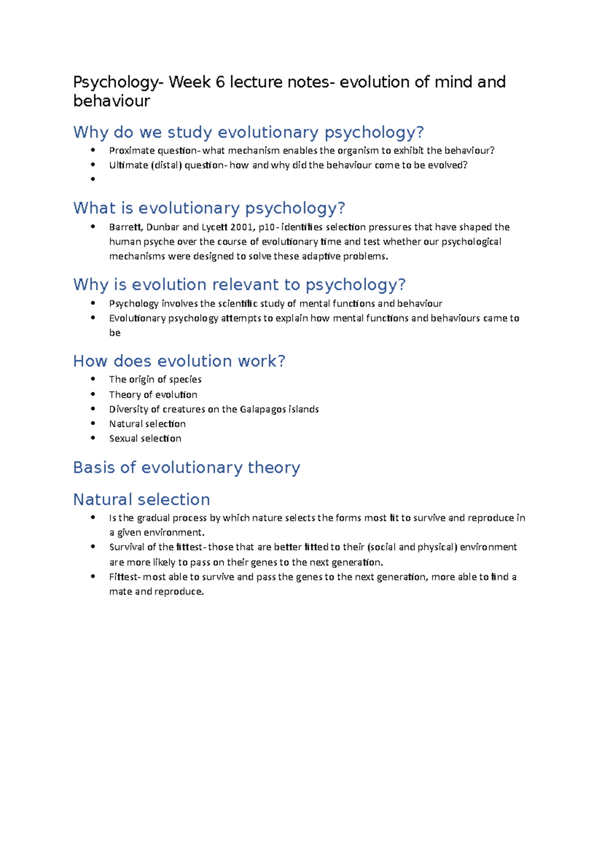 intro to Psychology I Week 6 lecture notes- evolution of mind and ...