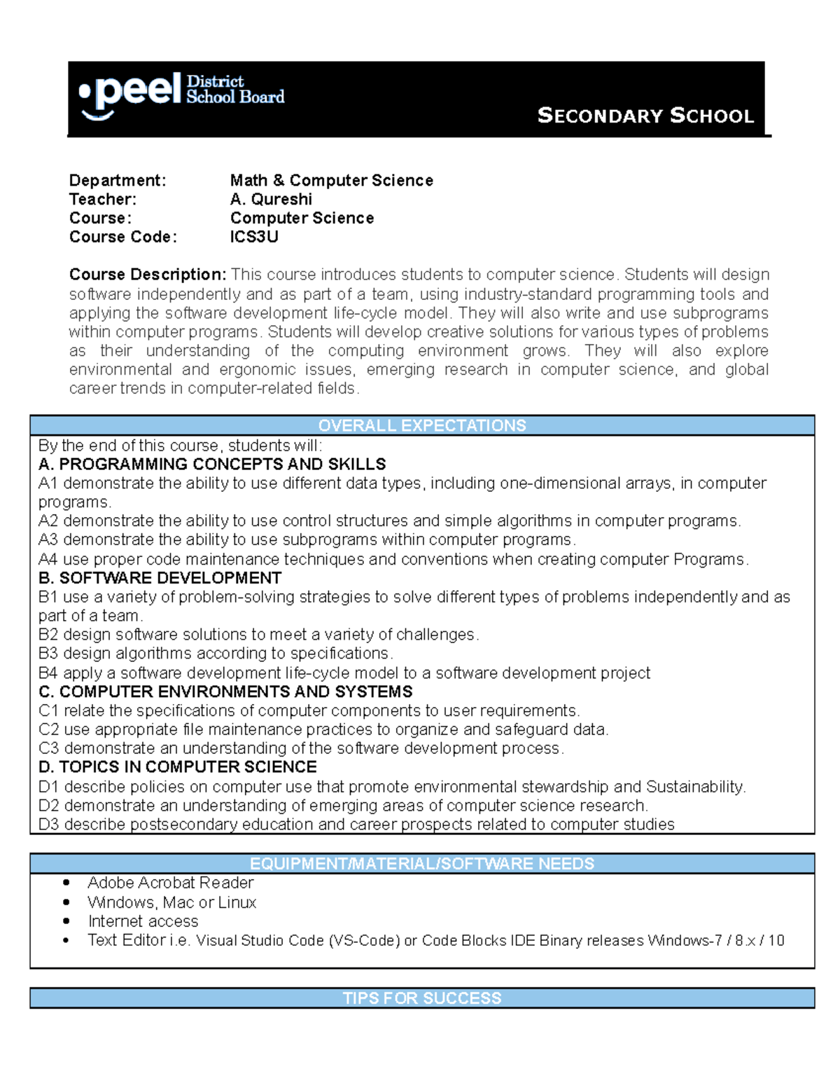 ICS3U-Course Outline for grade 11 - Department: Math & Computer Science ...