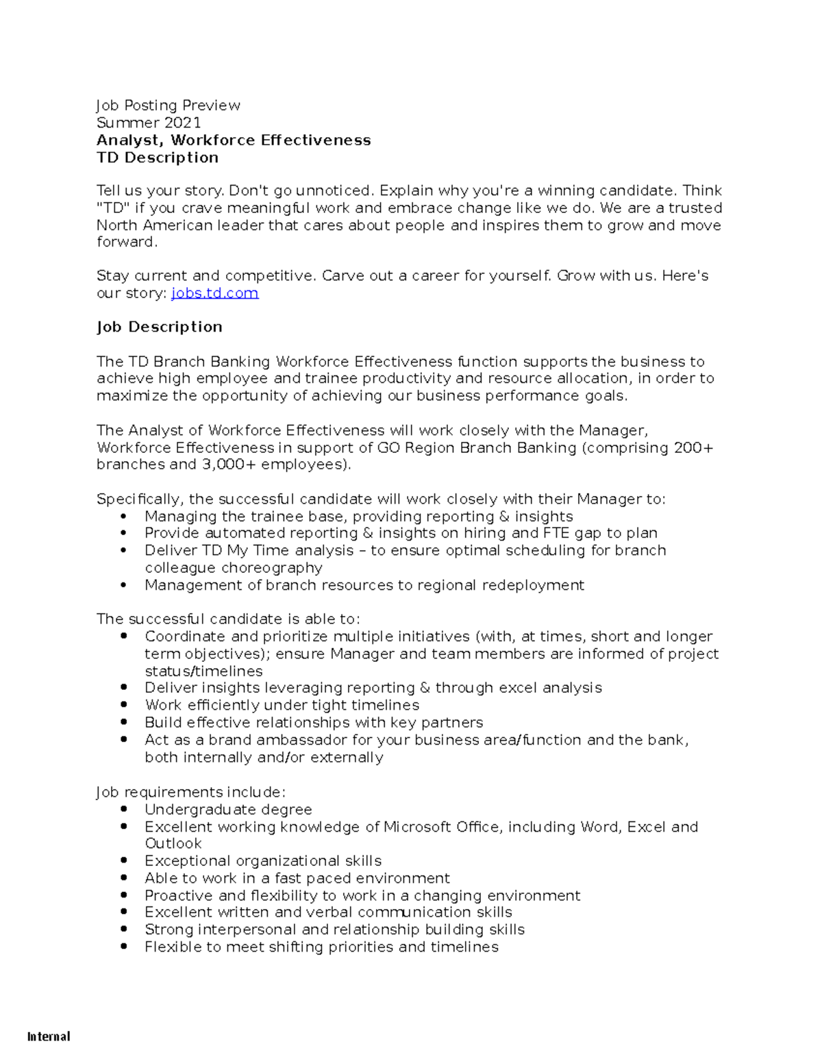 Analyst, Workforce Effectiveness - Job Posting Preview Summer 2021 ...
