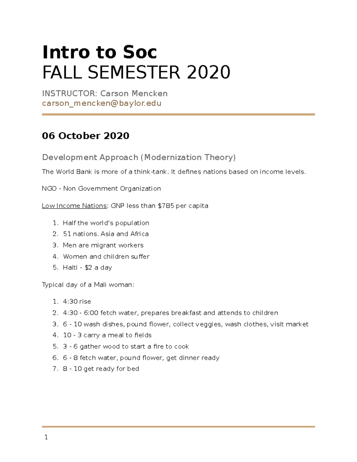 Soc 1305 - Lecture Notes 1-4 - Intro To Soc FALL SEMESTER 2020 ...